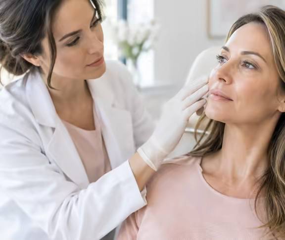 A gloved practitioner gently assessing a client's cheekbone.