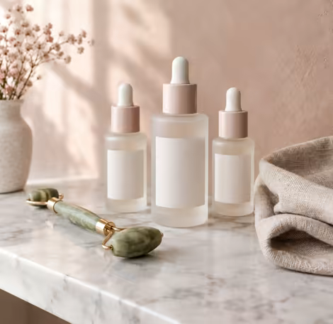 Frosted glass serum bottles on a marble shelf.