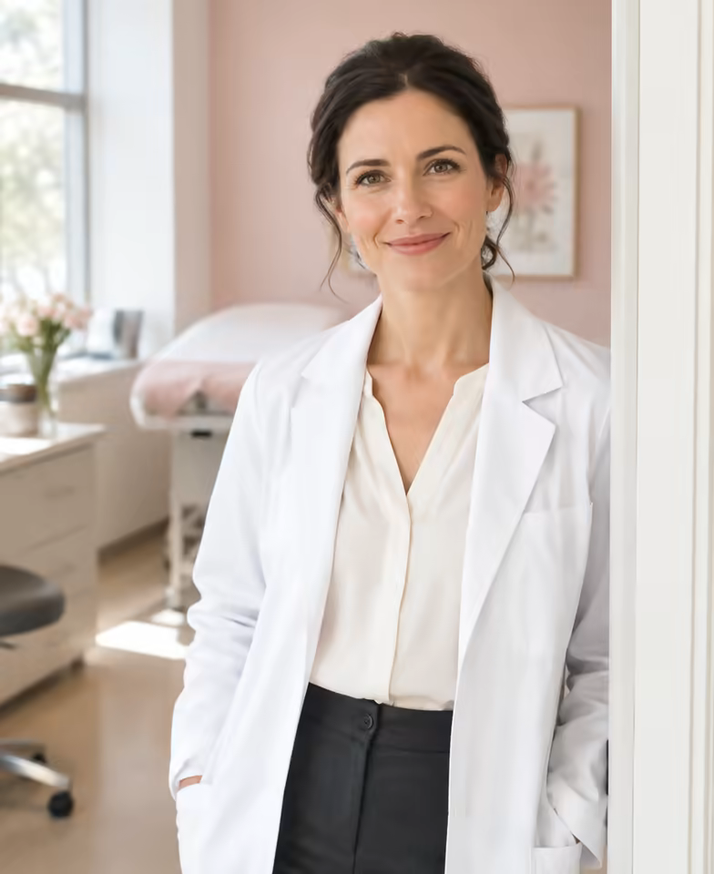 Dr Helena Marsh, a doctor in a white coat, in the doorway of a clinic room.