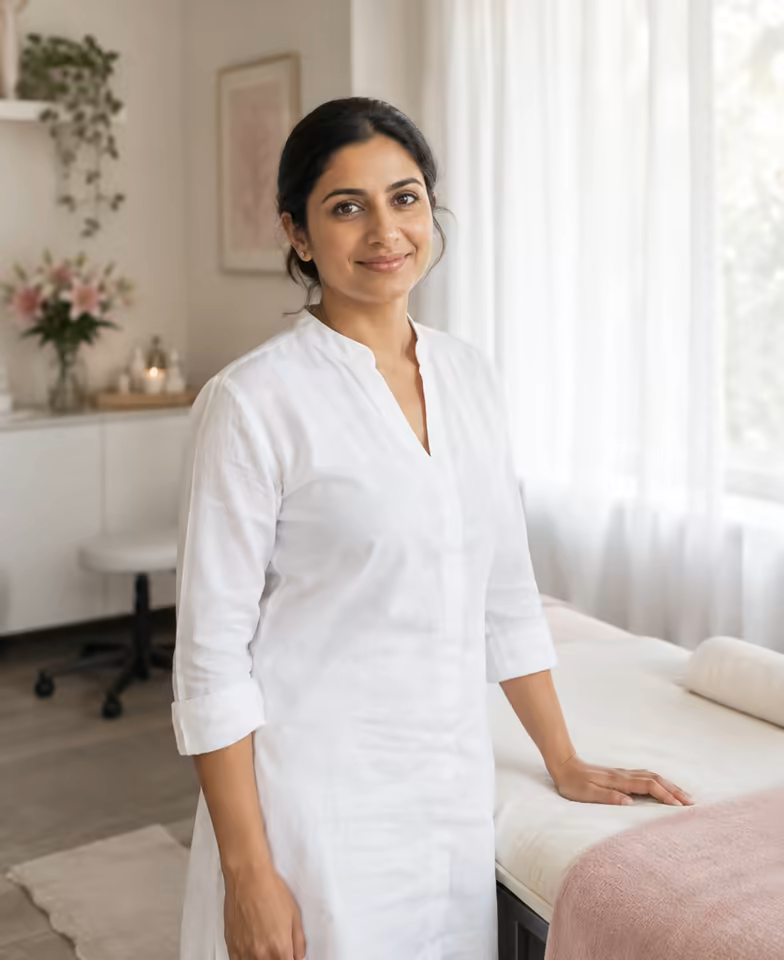 Priya Nair, a senior aesthetician in a white tunic, beside a treatment bed.
