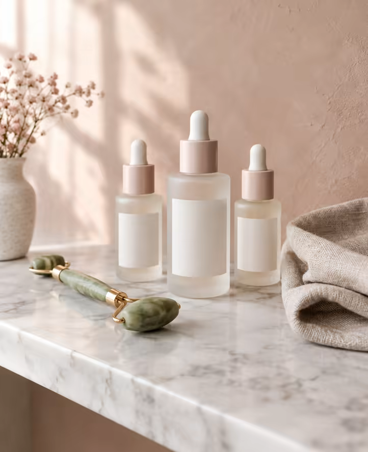 Frosted glass serum bottles and a jade roller on a marble shelf.