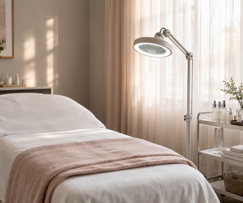 A treatment room with a lamp, a treatment bed and sheer curtains.