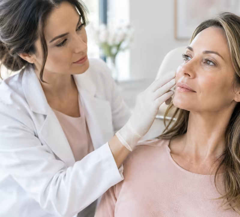 A gloved practitioner assessing a client's face in a treatment chair.