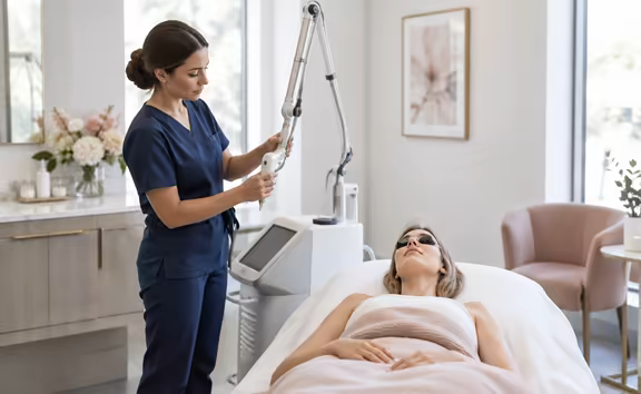 A practitioner adjusting a laser handpiece beside a treatment bed.